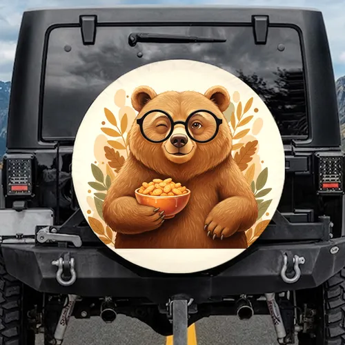 Friendly Winking Brown Bear Oversized Glasses Crunchy Snack - Car Decor Gift Spare Tire Cover