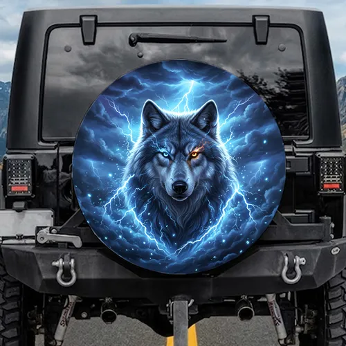 Powerful Wolf Electric Lightning Energy Storm - Wildlife Lover Gift Spare Tire Cover