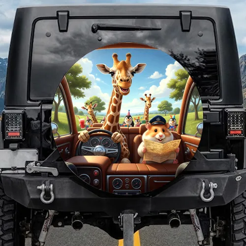 Giraffe Hamster Driving Car with Penguins - Road Trip Gift for Animal Lovers Spare Tire Cover