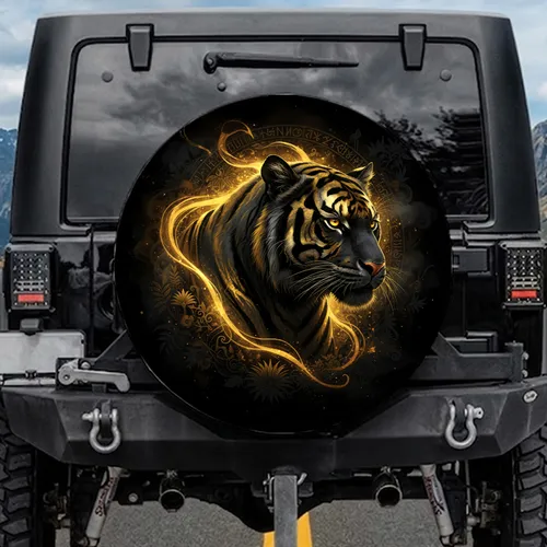 Golden Striped Black Jungle Tiger Watchful - Wildlife Lover Gift Spare Tire Cover