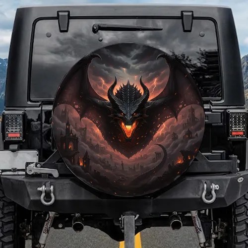 Menacing Black Dragon Horned Head Gothic Ruins - Dark Fantasy Lover Gift Spare Tire Cover