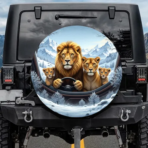 Majestic Lion Family Driving Snow-Capped Mountain Range - Adventure Lover Gift Spare Tire Cover
