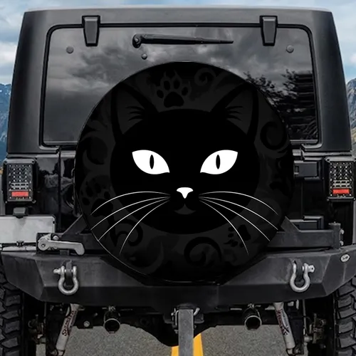 Black Cat Prominent Wide Eye Whiskers Feline Shadows Cat Lover Gift for Travel Spare Tire Cover