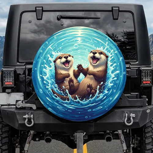 Playful Vocal Otters Interacting Effervescent Blue Water - Aquatic Wildlife Lover Gift Spare Tire Cover
