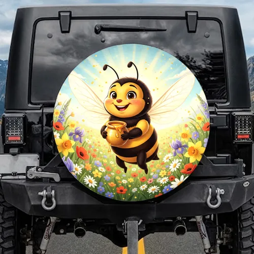 Cheerful Cartoon Bee Honey Pot Wildflower Meadow - Home Decor Gift for Bee Lover Spare Tire Cover