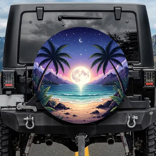 Full Moon Ocean Waves Tropical Palm Trees Beach Stars - Coastal Lifestyle Gift Spare Tire Cover