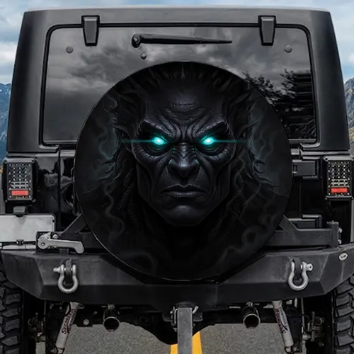 Fierce Monster Face Glowing Turquoise Eyes - Fantasy Creature Vehicle Accessory Spare Tire Cover