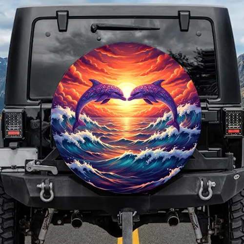 Arching Dolphins Sunset Ocean Waves Seascape - Ocean Lover Travel Essentials Spare Tire Cover