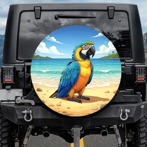 Majestic Blue Yellow Macaw Parrot Sandy Beach Ocean - Wildlife Lover Gift Spare Tire Cover