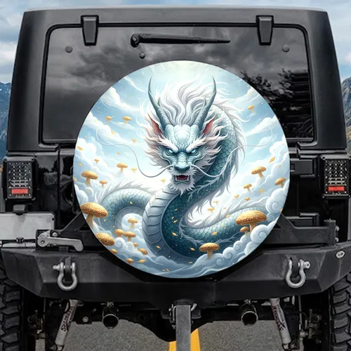 White Eastern Dragon Golden Lingzhi Mushrooms - Fantasy Lover Gift Spare Tire Cover