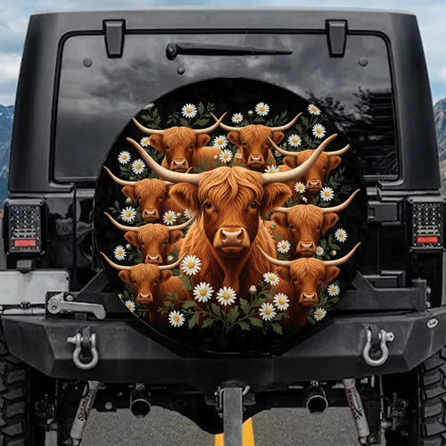 Highland Cow Daisies Farmhouse Decor Gift for Cow Lover Spare Tire Cover