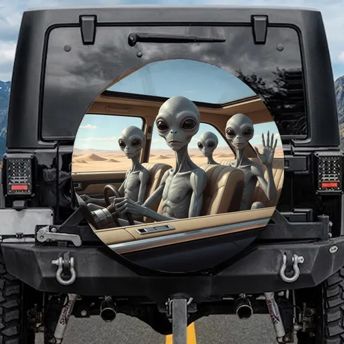 Four Grey Aliens Desert Journey Drive - Sci-Fi Fan Road Trip Gift Spare Tire Cover