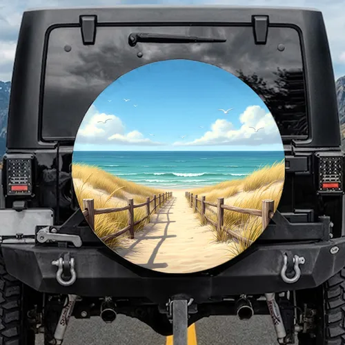 Sunlit Sandy Path Winding Weathered Fence Ocean Vista - Coastal Decor Gift for Beach Lover Spare Tire Cover