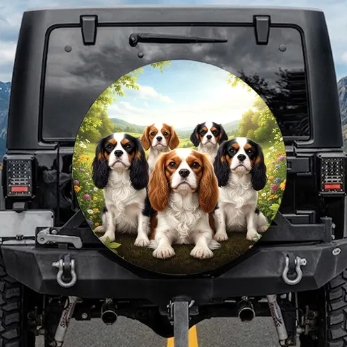 Five Cavalier King Charles Spaniel Dogs Lush Landscape - Dog Lover Gift Spare Tire Cover
