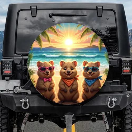 Quokkas Tropical Sunset Beach Palm Fronds - Wildlife Lover Road Trip Gift Spare Tire Cover