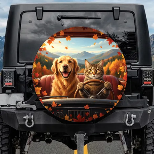 Golden Retriever Tabby Cat Vintage Car Interior Autumn Mountain Scene - Pet Lover Gift Spare Tire Cover