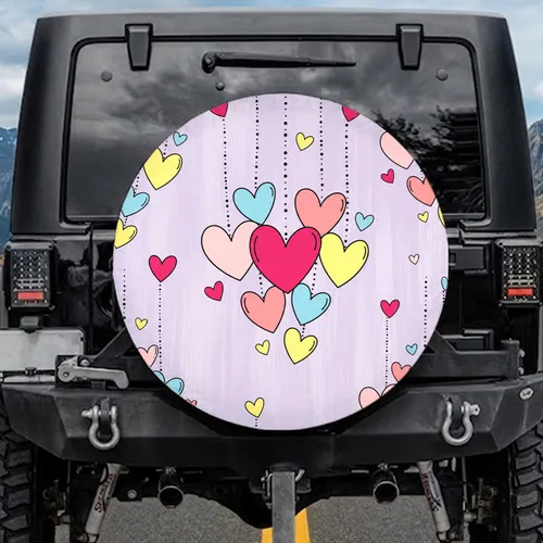 Colorful Suspended Hearts with Dots Love Symbols Lavender Background - Home Decor Gift Spare Tire Cover