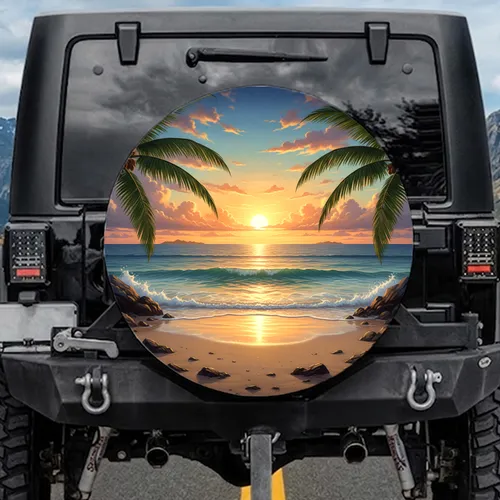 Tropical Beach Sunset Palm Fronds Golden Ocean Path - Travel Essentials Car Accessory Gift Spare Tire Cover