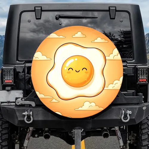 Plump Happy Face Fried Egg Wispy Clouds - Everyday Vehicle Decor for Food Lovers Spare Tire Cover