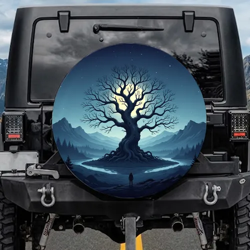 Moonlit Gnarled Tree Lone Figure Mountain River Scene - Nature Lover Gift Spare Tire Cover