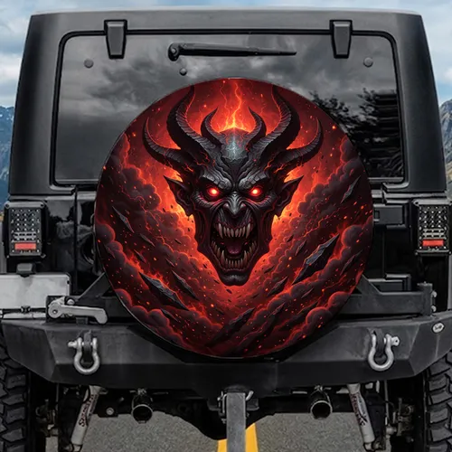 Demonic Creature Face Glowing Red Eyes Razor Teeth - Travel Essentials Horror Lover Gift Spare Tire Cover