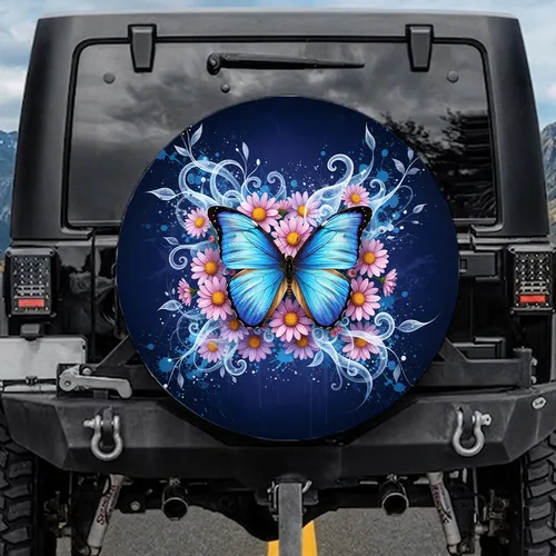 Iridescent Blue Butterfly Pink Daisy Flowers - Wildlife Lover Home Decor Gift Spare Tire Cover