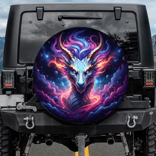 Pearlescent White Dragon Head Golden Horns Blue Eyes Glowing Spiral - Fantasy Car Decor Spare Tire Cover