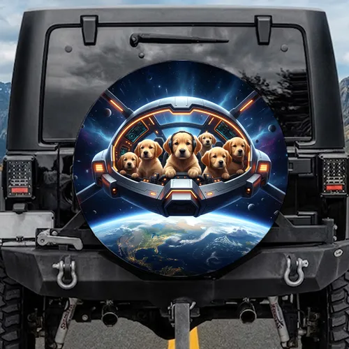 Golden Retriever Puppies Spaceship Earth - Dog Lover Gift for Space Enthusiasts Spare Tire Cover