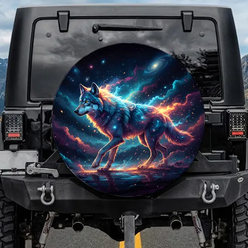Cosmic Wolf Galaxy Stars Glowing Blue Purple Orange Yellow - Space Lover Gift Spare Tire Cover