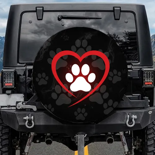 Bold White Paw Print Red Heart - Pet Lover Everyday Travel Gift Spare Tire Cover