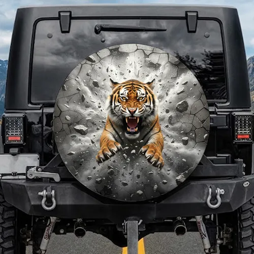 Roaring Bengal Tiger Bared Fangs Golden Eyes Shattered Stone Structure - Wildlife Lover Gift Spare Tire Cover