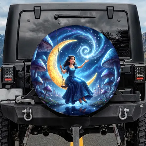 Girl Swinging Golden Moon Stars Fantasy Mushrooms - Fantasy Lover Gift Spare Tire Cover