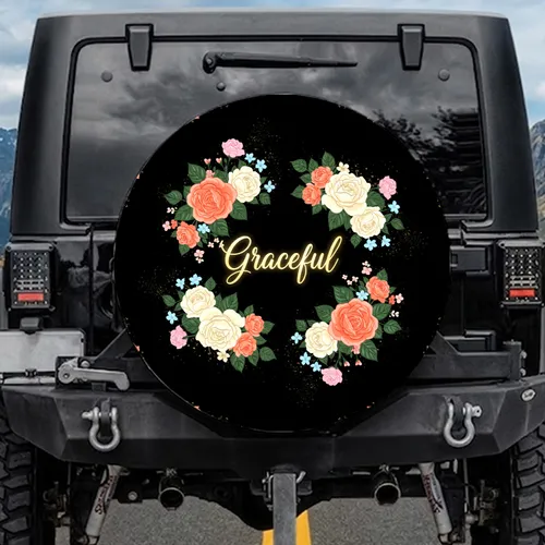 Graceful Gold Script Rose Floral Garland Black Background Golden Sparkles - Home Decor Gift Spare Tire Cover
