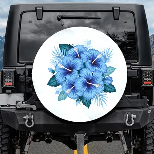 Lush Blue Hibiscus Flowers Botanical Leaves Tropical Foliage - Home Decor Gift Spare Tire Cover