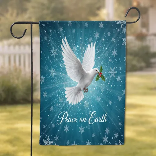 White Dove Holly Berries Snowflakes Peace on Earth - Christmas Winter Decor Garden Flag
