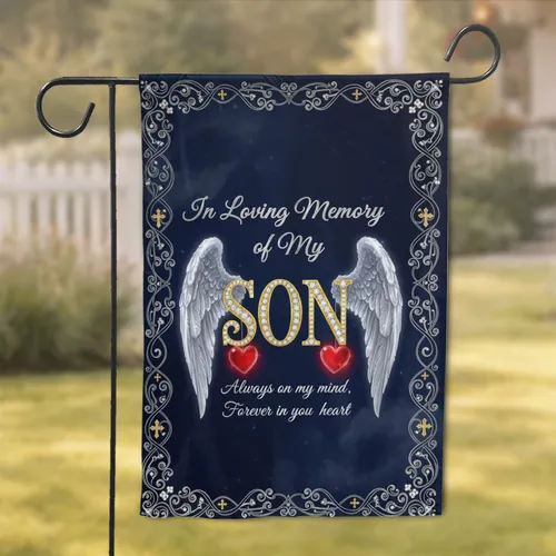 Loving Memory Son Angel Wings Hearts - Remembrance Memorial Gift for Parents Garden Flag