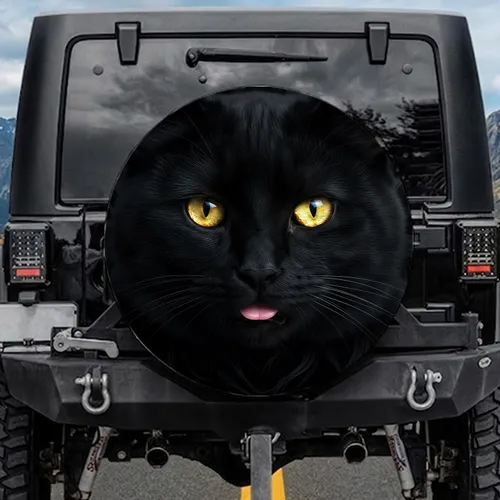 Majestic Black Cat Face Golden Eyes Pink Tongue Deep Black Fur - Home Decor Gift for Cat Lover Spare Tire Cover