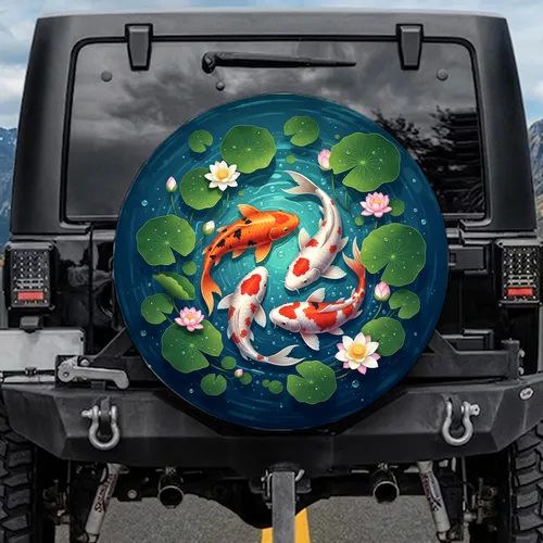 Aquatic Koi Fish Lotus Flowers Lily Pads Pond Water Surface - Wildlife Home Decor Gift Spare Tire Cover