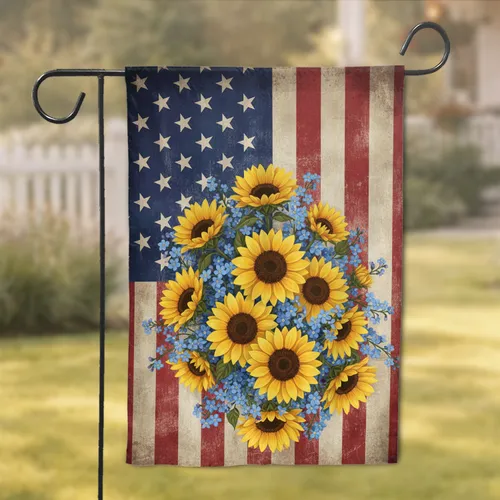 Vibrant Sunflowers Blue Forget-Me-Nots Distressed American Flag - Independence Day Gift Garden Flag