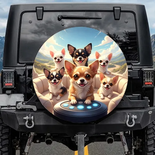 Five Chihuahuas Open Air Journey Blue Sky Mountain Landscape Dog Lover Gift Spare Tire Cover