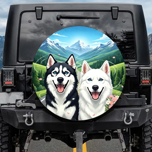 Blue Eyed Happy Husky Dogs Mountain Highway Wildflowers - Dog Lover Travel Essentials Gift Spare Tire Cover