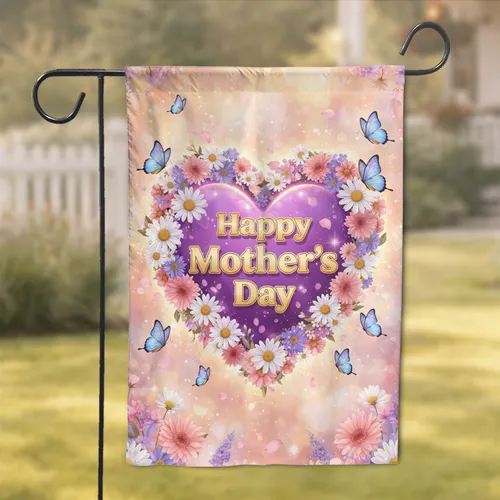 Happy Mother's Day Floral Heart Wreath Butterflies - Mother's Day Gift for Mom Garden Flag