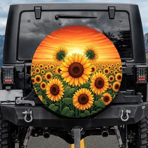 Dense Sunflowers Field Luminous Sunset Sky - Nature Lover Gift Spare Tire Cover