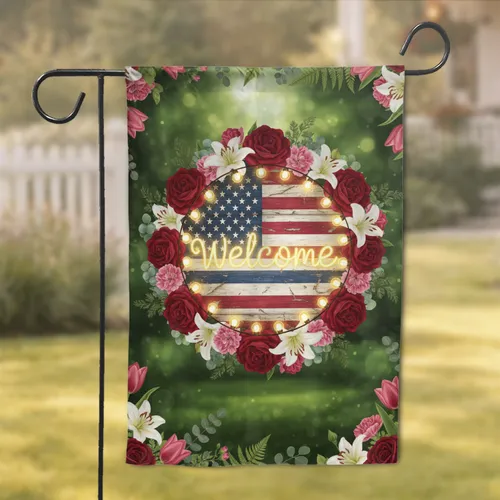 American Flag Welcome Sign Floral Wreath Edison Lights Home Decor Gift Garden Flag