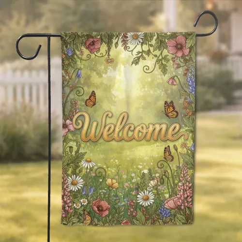 Script Welcome Wildflower Garden Butterflies - New Home Housewarming Decor Gift Garden Flag