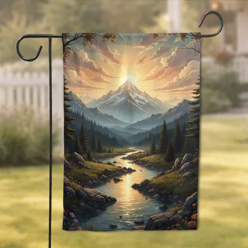 Snowy Mountain River Sunset Landscape - Outdoor Lover Gift Garden Flag