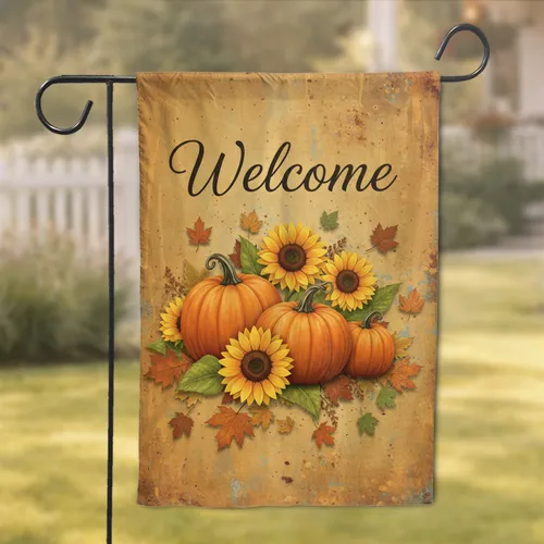 Welcome Pumpkins Sunflowers Autumn Leaves - Fall Home Decor Garden Flag