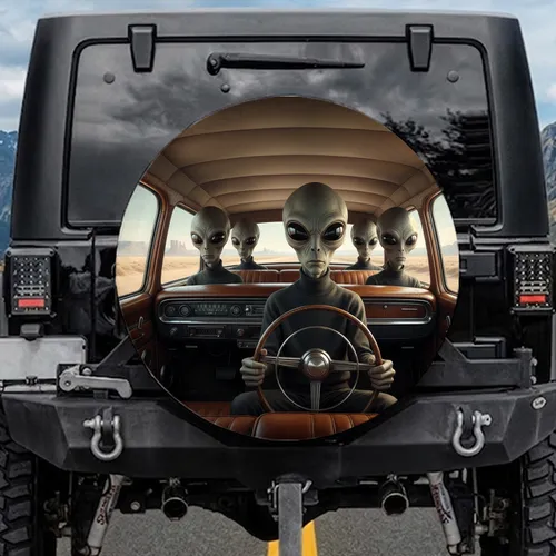 Five Realistic Grey Aliens in Vintage American Car Desert Landscape - Sci-Fi Fan Gift Spare Tire Cover