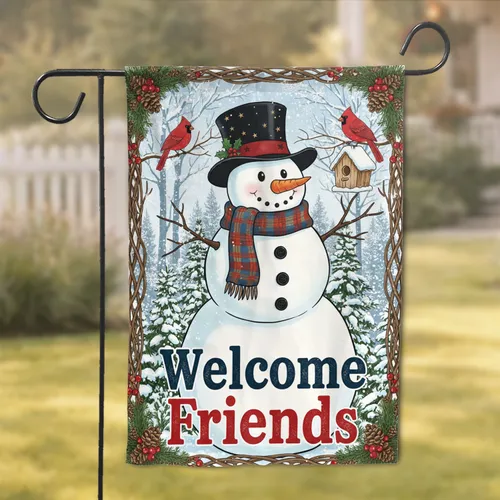 Friendly Snowman Welcome Friends Cardinal Birds Snowy Forest Holiday Decor Garden Flag