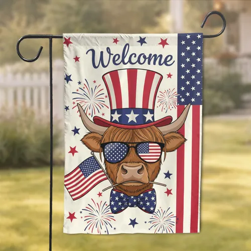 Highland Cow Uncle Sam Flag Patriotic - USA 250th Anniversary Independence Garden Flag